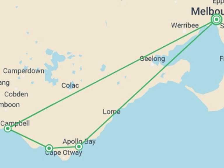Map of Oceania Trekking and Hiking Tour with 4 destination visits for the trip: Hike the Great Ocean Walk