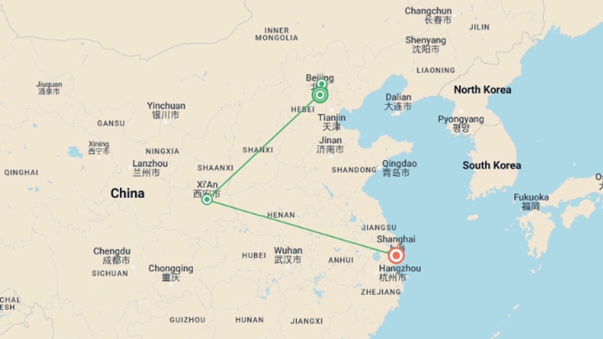 A map showing the tour itinerary for the trip: 8 Days Essential China - Small Group Tour, starting in Beijing, China and ending in Shanghai, China going through 1 other destinations.