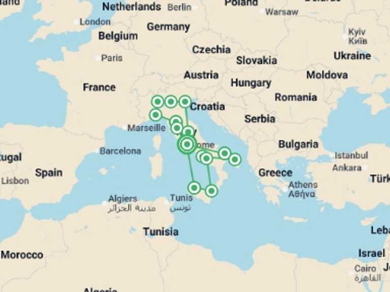 Map of Mediterranean Tour with 14 destination visits for the trip: Italian Roundabout Complete End Rome