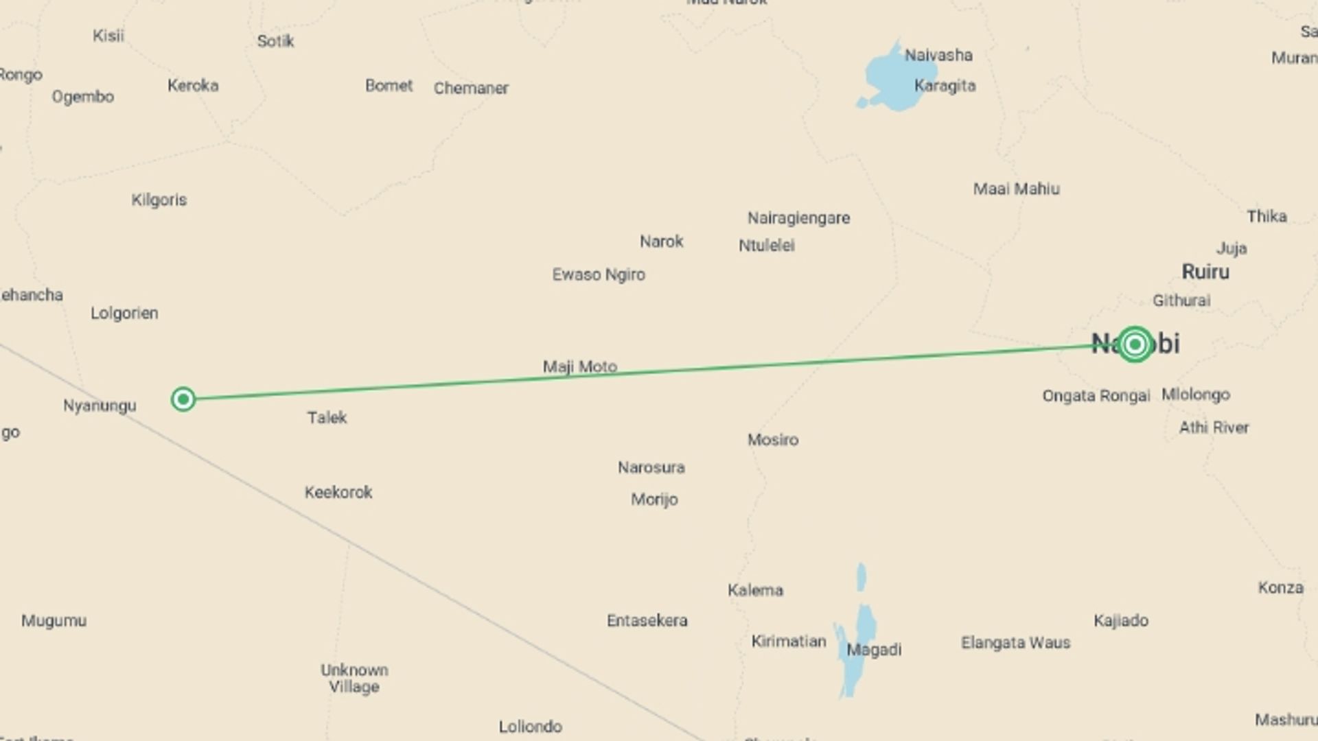 A map showing the tour itinerary for the trip: Maasai Mara Luxurious Lodge Safari: Three Days, starting in Nairobi, Kenya and ending in Nairobi, Kenya going through 1 other destinations.