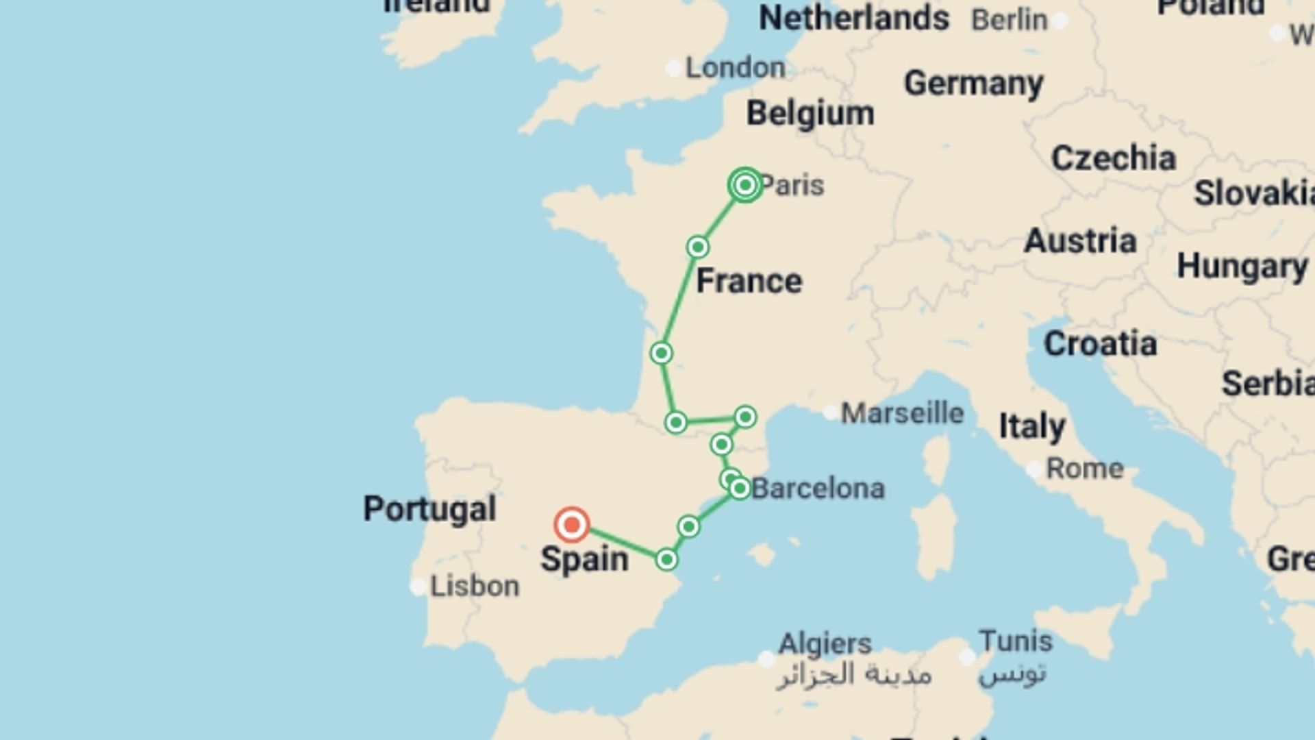 A map showing the tour itinerary for the trip: Paris, Lourdes and Madrid, starting in Paris, France and ending in Madrid, Spain going through 4 other destinations.