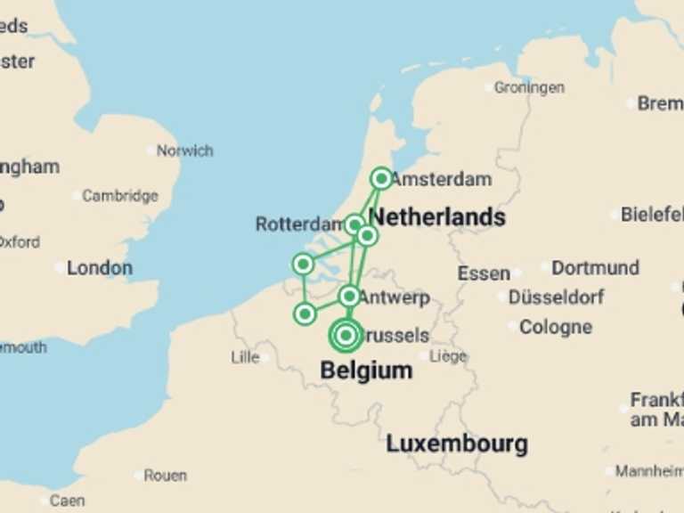 Map itinerary of Belgium Tour in Summer with 7 destination visits for the trip: Northern European Culture and Charm: A Cruise between The Netherlands and Belgium. (port-to-port cruise)