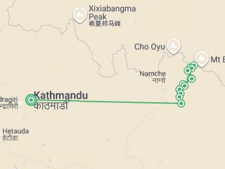 Map itinerary of Everest Base Camp trek Tour in April 2026 with 12 destination visits for the trip: Everest Base Camp Trek