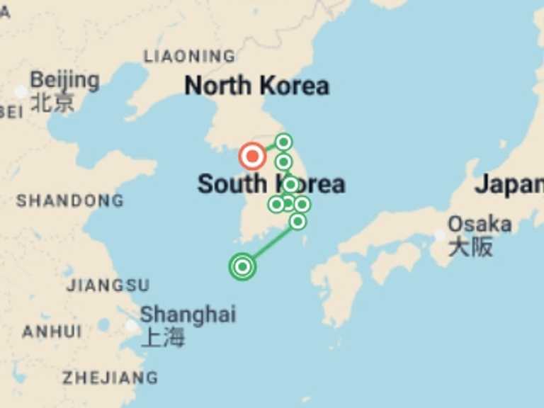 Map itinerary of South Korea Tour in December 2025 with 7 destination visits for the trip: South Korea Eastern Conquest 7D/6N