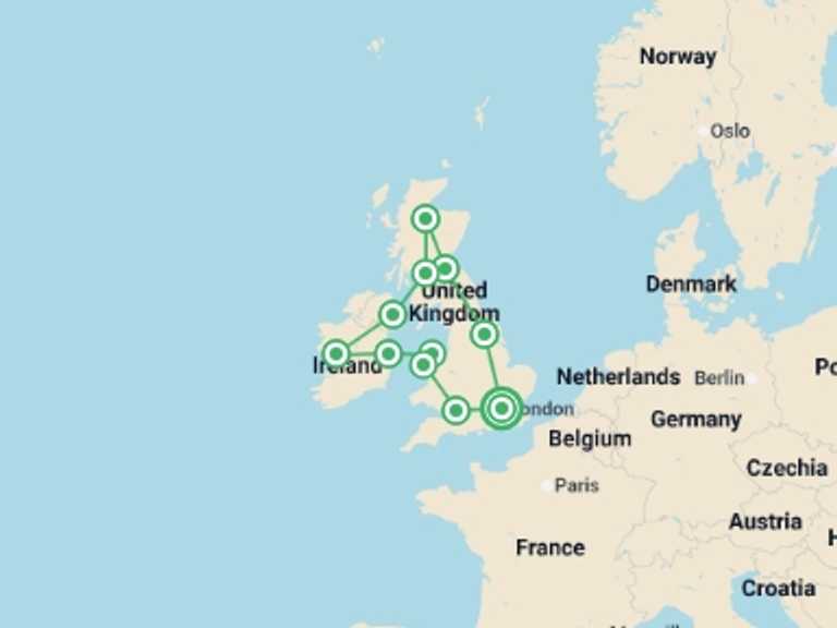 Map itinerary of Europe Tour in January 2027 with 11 destination visits for the trip: UK & Ireland: Panoramas & Pubs