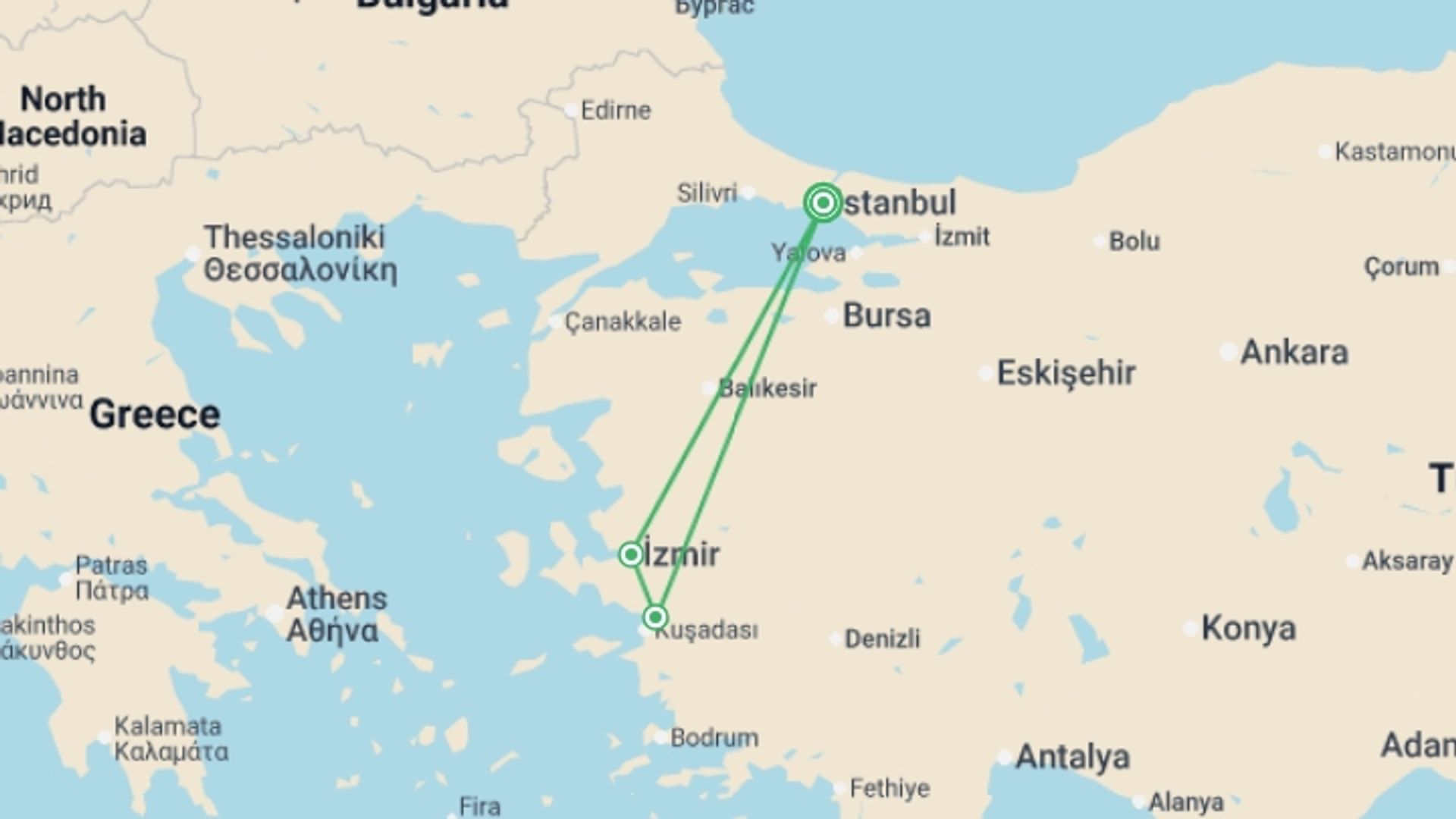 A map showing the tour itinerary for the trip: 6 Days - Istanbul, Kusadasi (ephesus), Pamukkale / By Plane, starting in Istanbul, Turkey and ending in Istanbul, Turkey going through 2 other destinations.