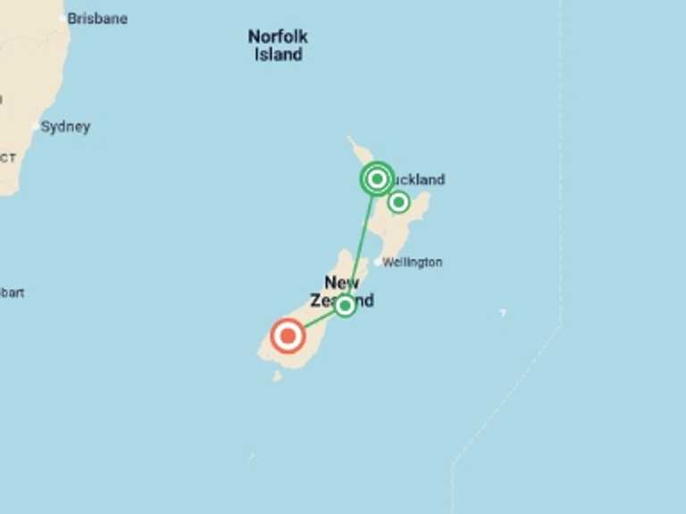 Map itinerary of Oceania Tour in Fall with 4 destination visits for the trip: New Zealand Explorer