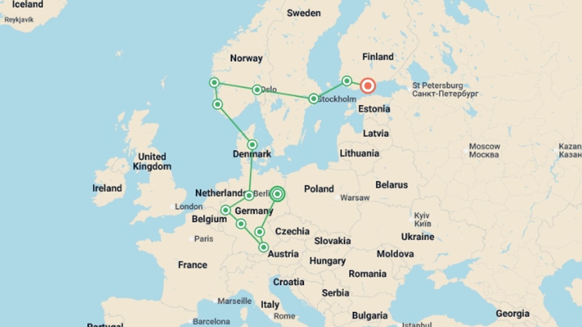A map showing the tour itinerary for the trip: Treasures of Germany and Scandinavia with Helsinki, starting in Berlin, Germany and ending in Helsinki, Finland going through 11 other destinations.