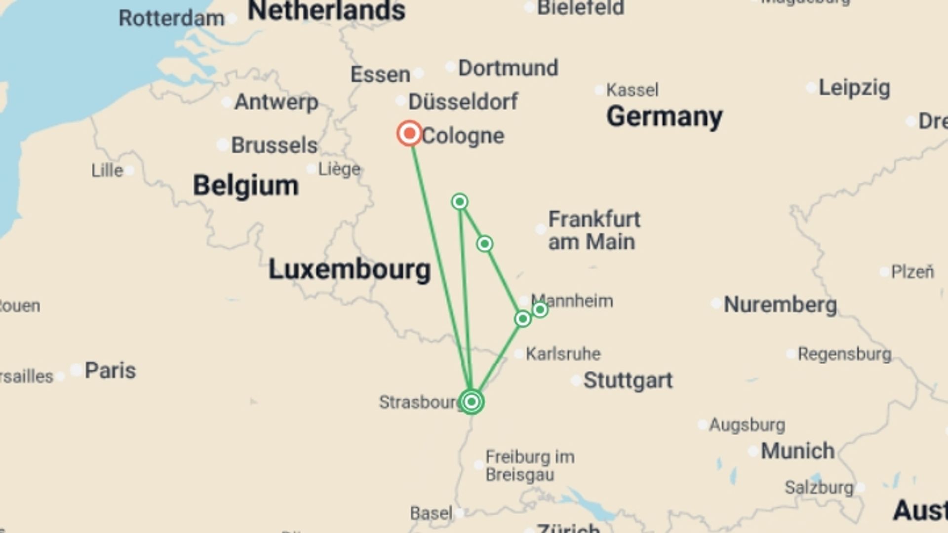 A map showing the tour itinerary for the trip: Christmas Markets along the Rhine (port-to-port package), starting in Strasbourg, France and ending in Cologne, Germany going through 3 other destinations.
