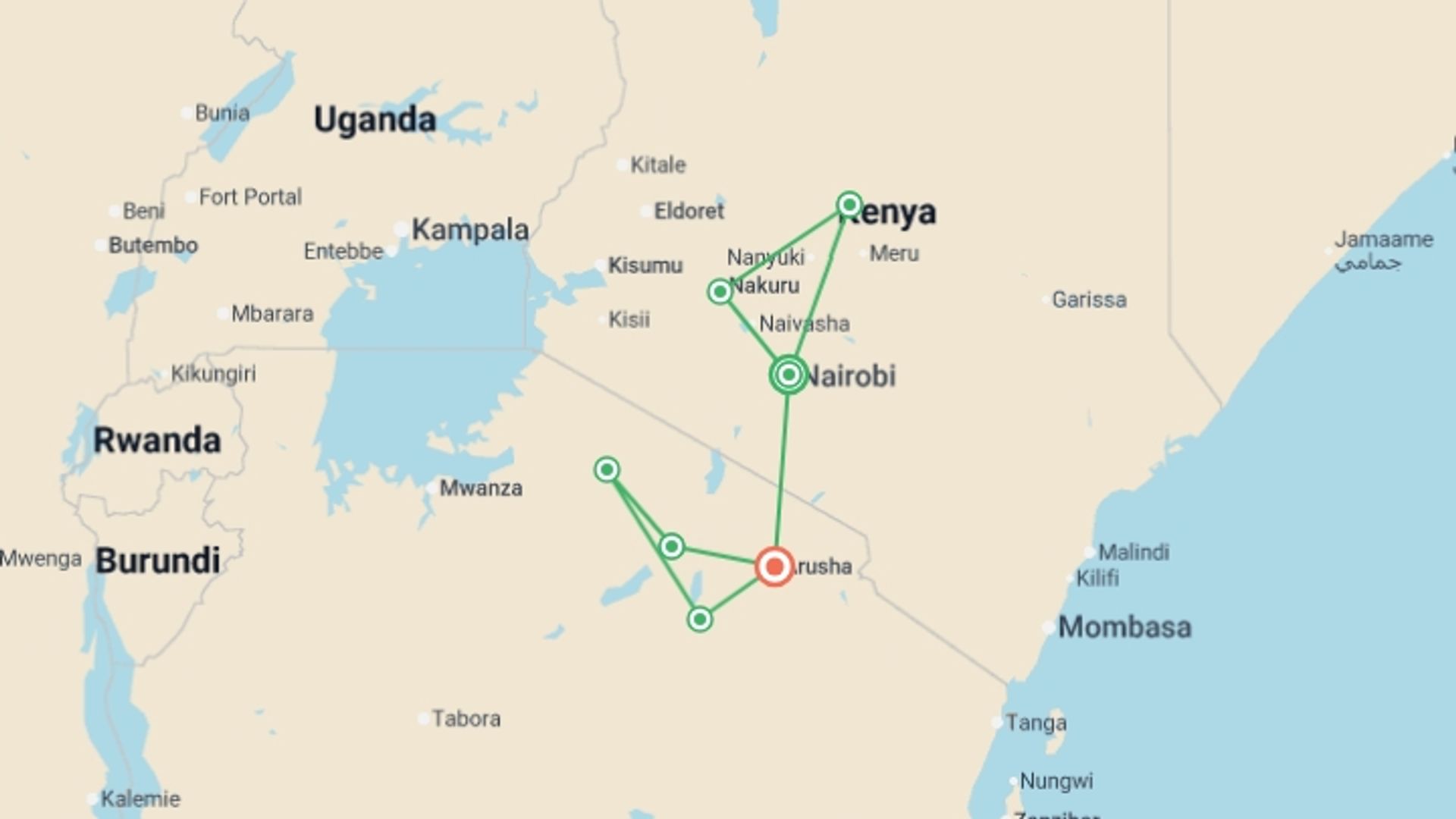 A map showing the tour itinerary for the trip: Kenya & Tanzania 4WD Safari Adventure 12D/11N, starting in Nairobi, Kenya and ending in Arusha, Tanzania going through 5 other destinations.