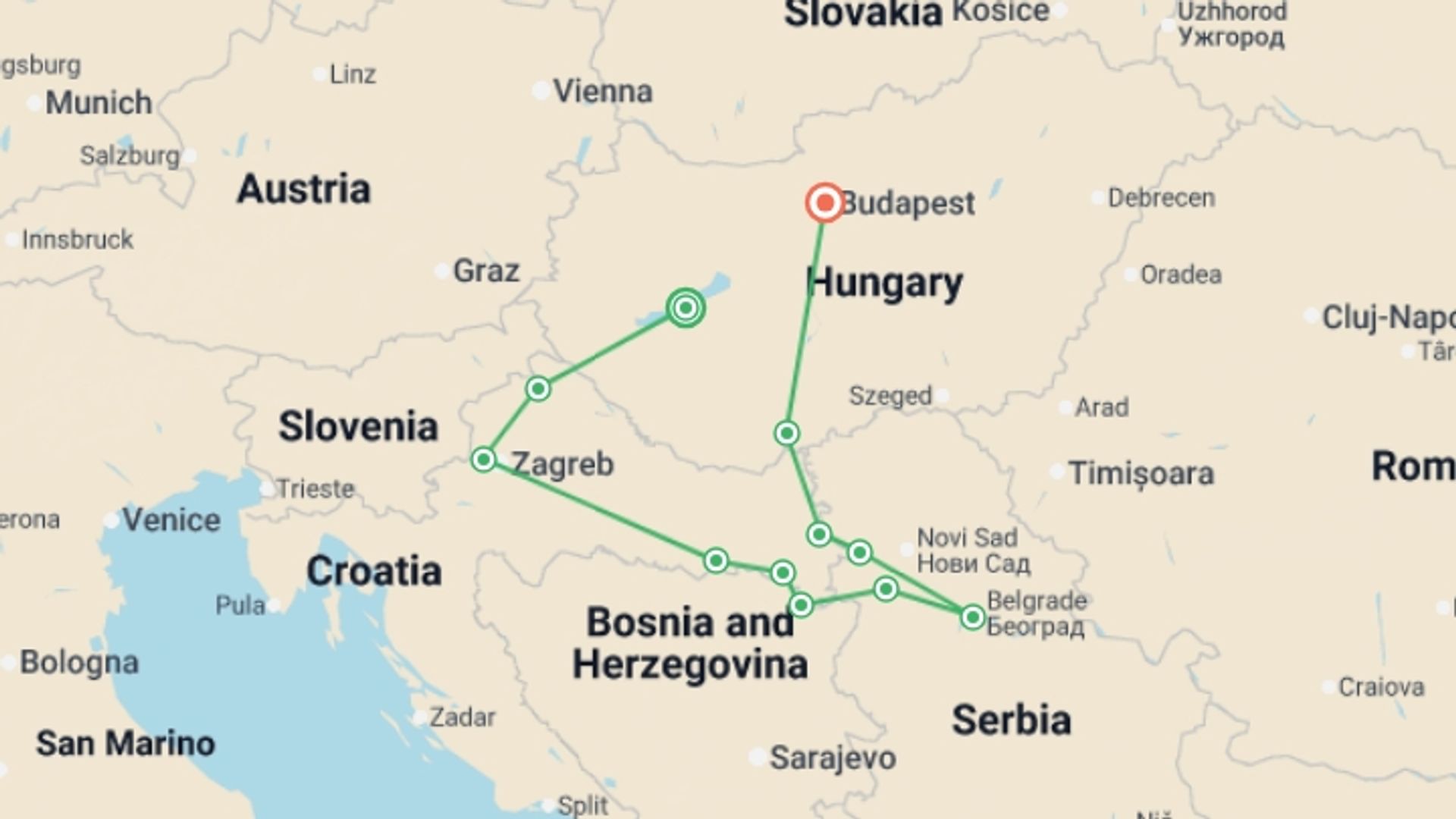A map showing the tour itinerary for the trip: Lake Balaton, the authentic Sava and the majestic Danube (port-to-port cruise), starting in Lake Balaton, Hungary and ending in Mohacs, Hongrie going through 8 other destinations.