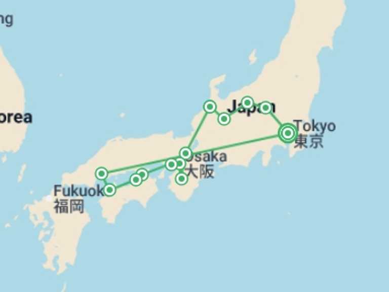 Map itinerary of Asia Tour in October 2026 with 10 destination visits for the trip: Magical and Dreamy Japan