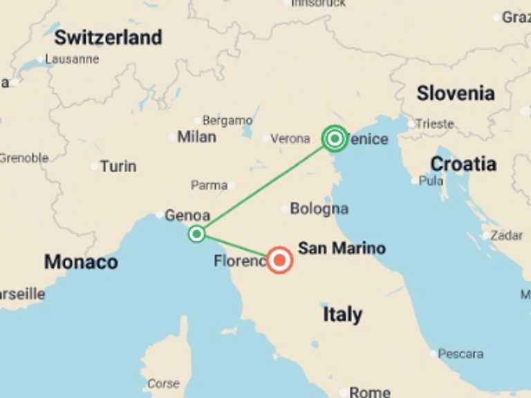 Map itinerary of Mediterranean Tour in October 2026 with 3 destination visits for the trip: Journeys: Northern Italy, Venice to Florence