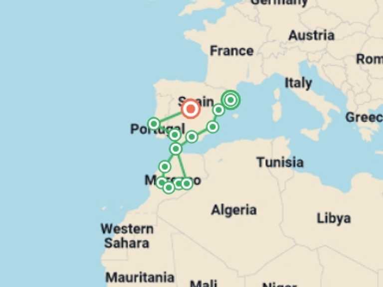 Map of Europe Tour with 13 destination visits for the trip: Spain, Morocco and Portugal