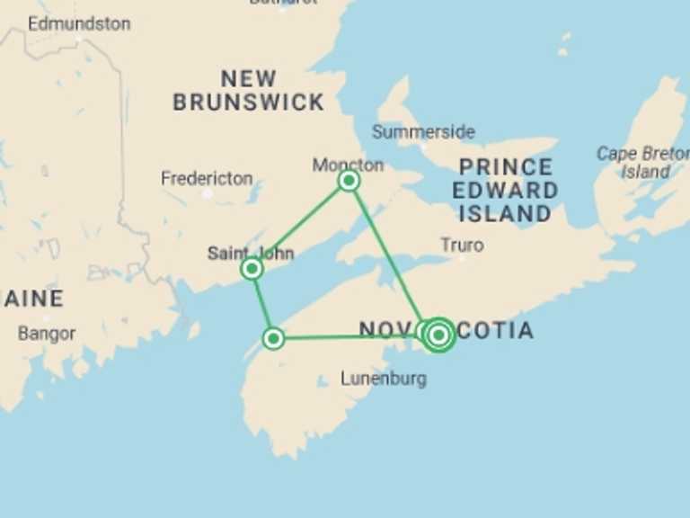 Map of Canada Natural landmarks sightseeing Tour with 5 destination visits for the trip: Wonders of the Bay of Fundy