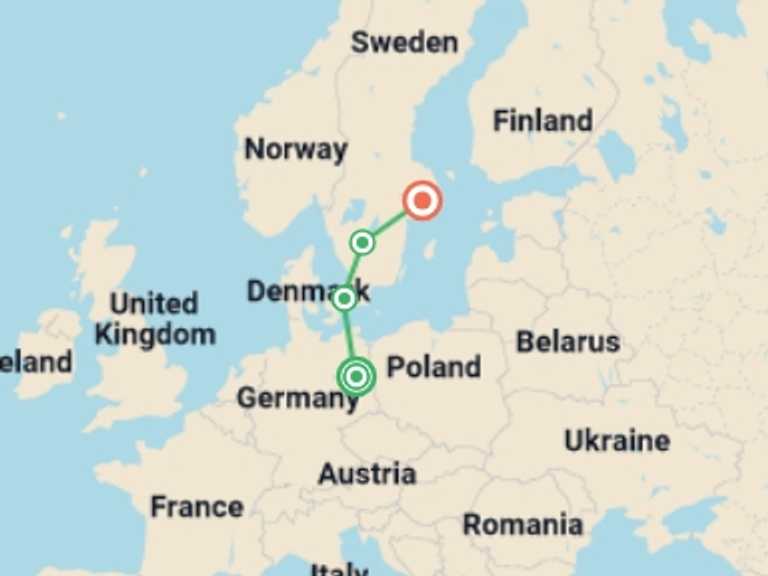 Map of Scandinavia Tour with 3 destination visits for the trip: Explore Berlin to Stockholm
