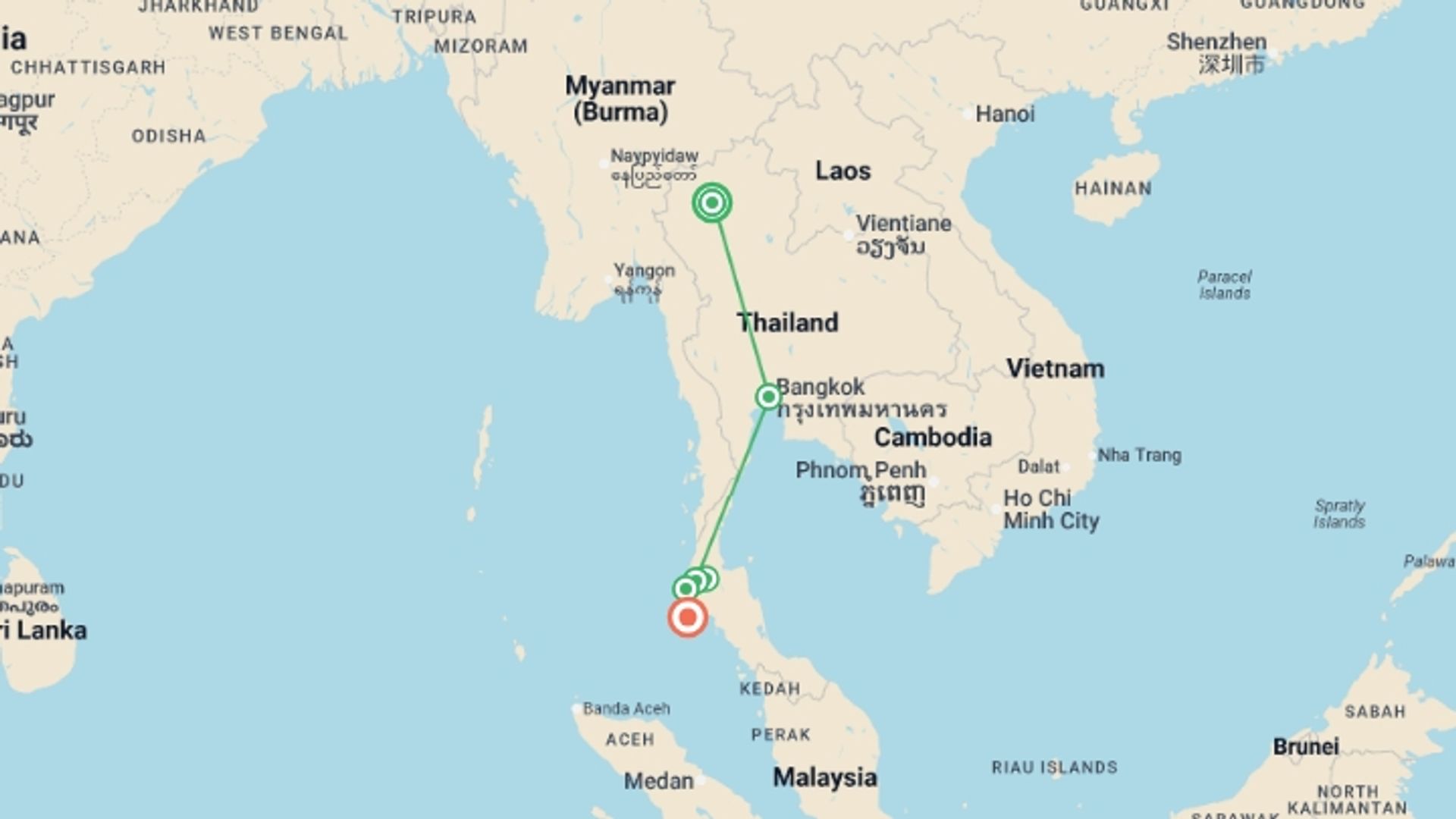 A map showing the tour itinerary for the trip: Solo-ish Thailand, starting in Chiang Mai, Thailand and ending in Phuket, Thailand going through 4 other destinations.
