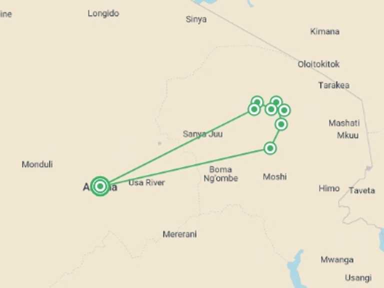 Map of Tanzania Tour with 7 destination visits for the trip: 6 Days Mt. Kilimanjaro Climbing + 2 Nights Stay