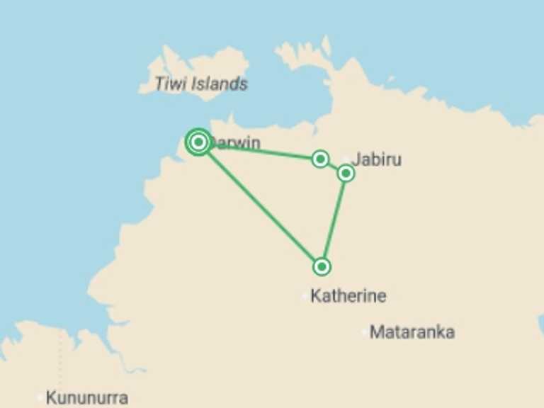 Map itinerary of Darwin Tour in June 2026 with 4 destination visits for the trip: Northern Territory Top End National Parks