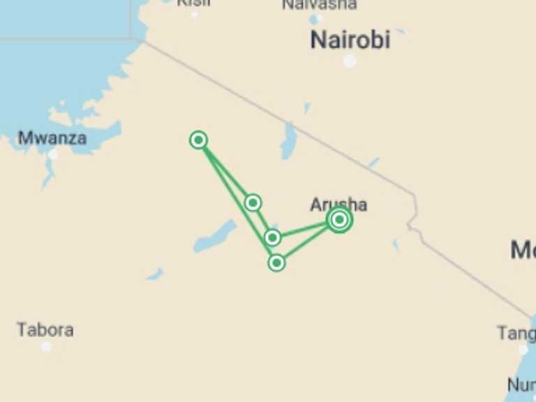 Map itinerary of Tanzania Tour in April 2027 with 5 destination visits for the trip: Northern Circuit Luxury Safari Tour: 5 Days 