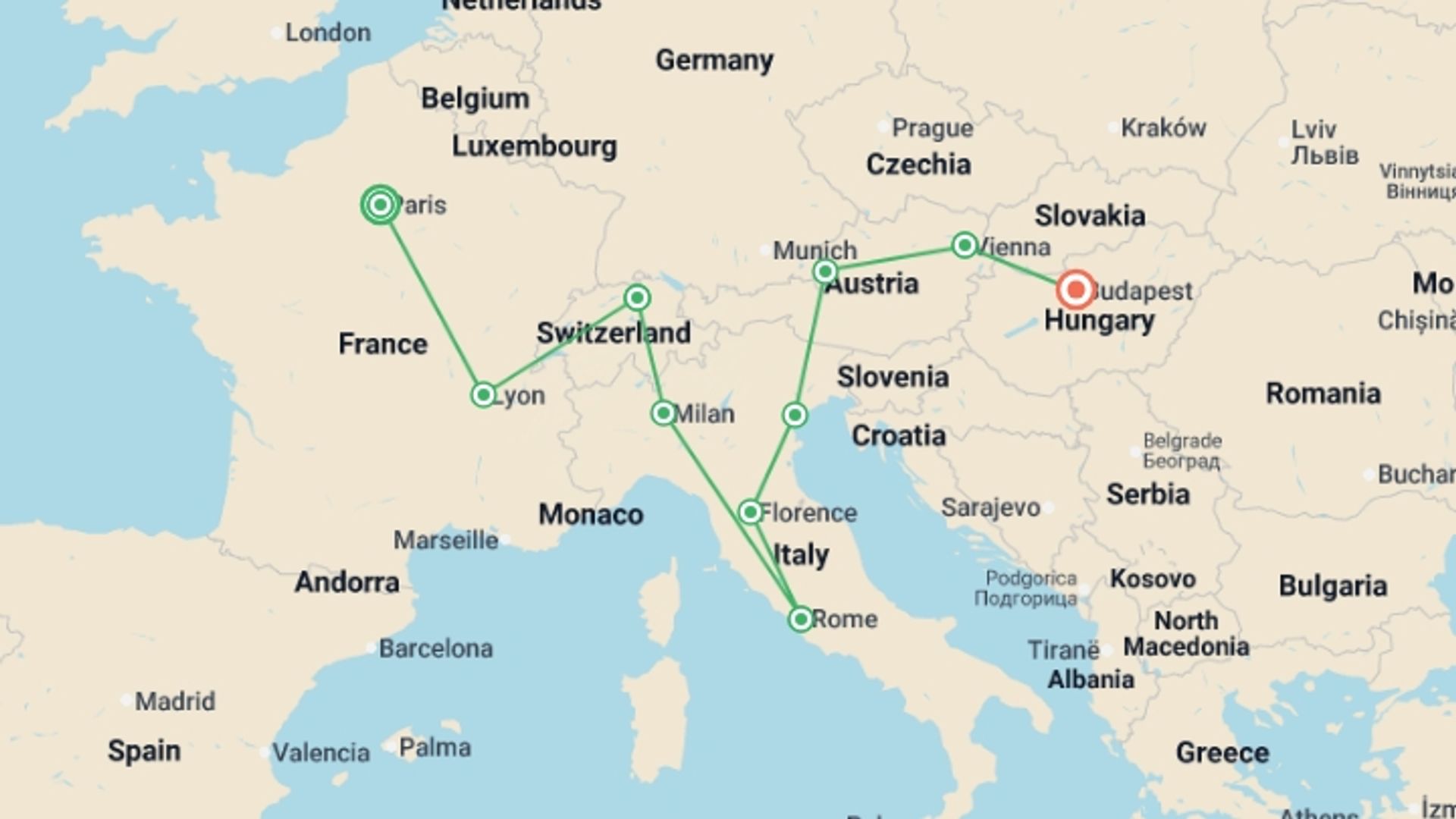 A map showing the tour itinerary for the trip: Bohemian Rapsody, starting in Paris, France and ending in Budapest, Hungary going through 8 other destinations.