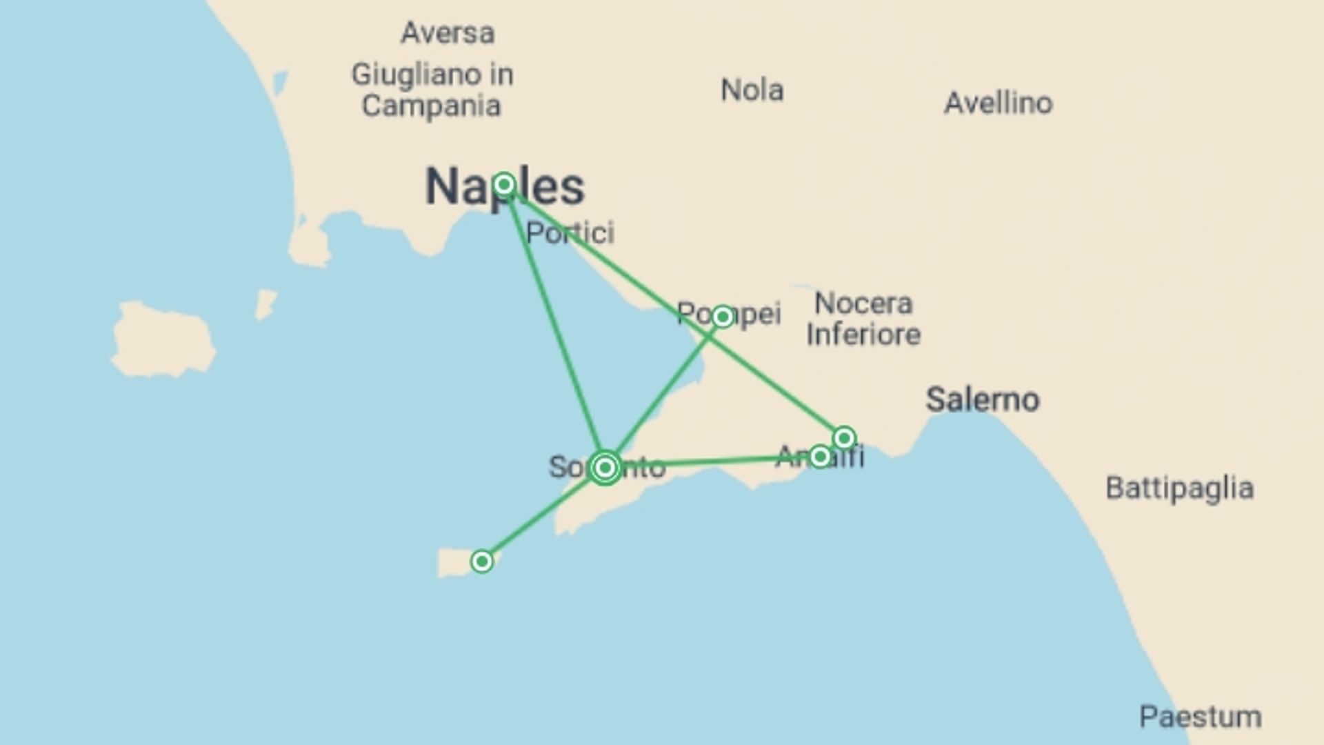 A map showing the tour itinerary for the trip: Campania Region Highlights, Private Tour, starting in Sorrento, Italy and ending in Sorrento, Italy going through 2 other destinations.
