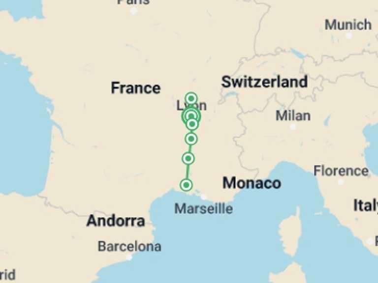 Map of 8-Day France Tour with 6 destination visits for the trip: Discover the fabulous world of vineyards and wine, exceptional terroirs of the Rhône and Saône (port-to-port cruise)