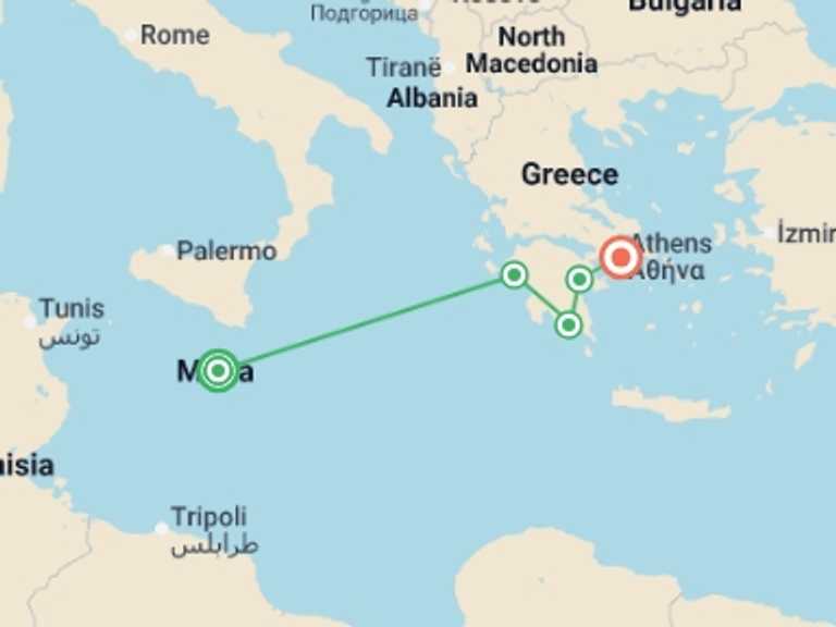 Map itinerary of Mediterranean Tour in Spring with 5 destination visits for the trip: Mediterranean Wonders from Malta to Ancient Greece (port-to-port cruise)