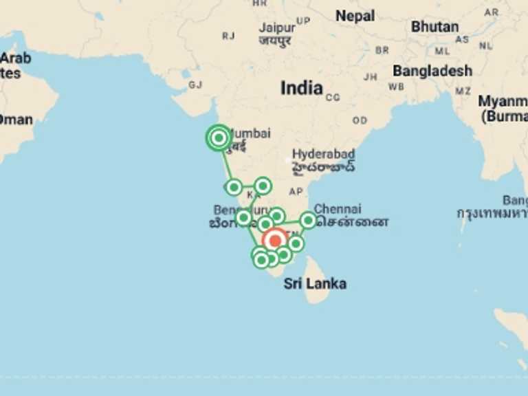 Map itinerary of India Tour in Summer with 13 destination visits for the trip: Southern India Encompassed