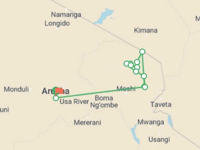 Map itinerary of Tanzania Tour in April 2027 with 10 destination visits for the trip: Kilimanjaro Trekking  - Rongai route