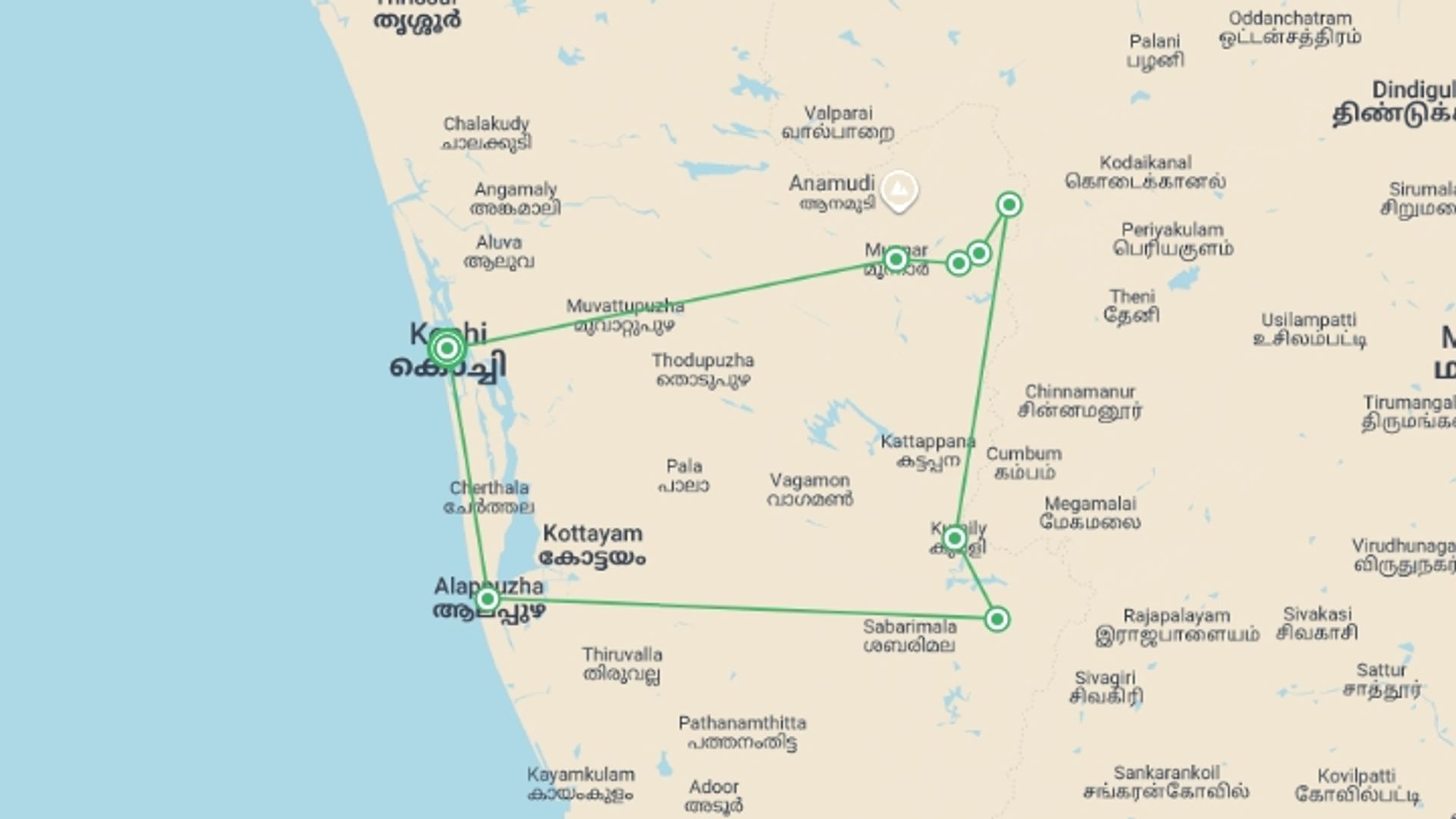 A map showing the tour itinerary for the trip: Walking in Kerala, starting in Kochi, India and ending in Kochi, India going through 7 other destinations.