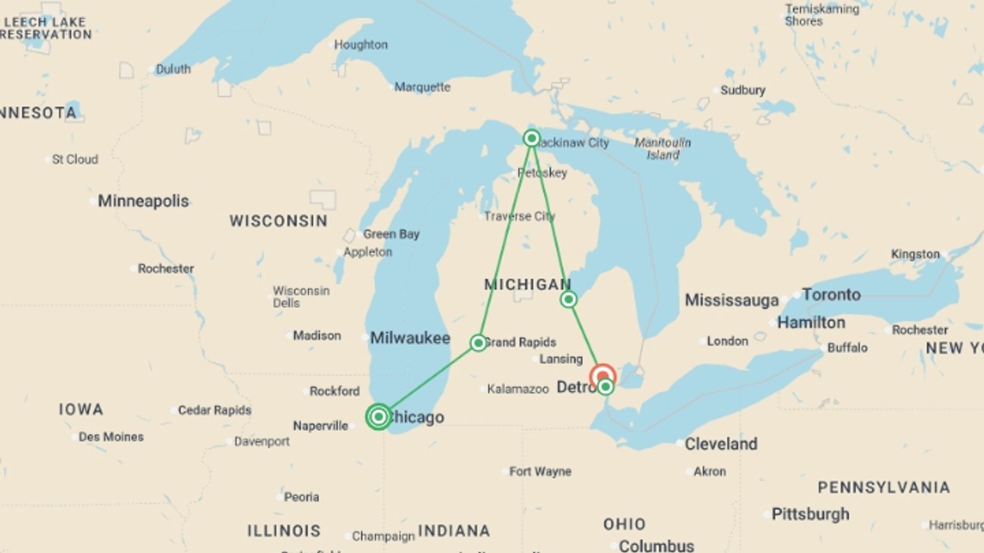 A map showing the tour itinerary for the trip: Mackinac Island , starting in Chicago, USA and ending in Southfield, USA going through 3 other destinations.