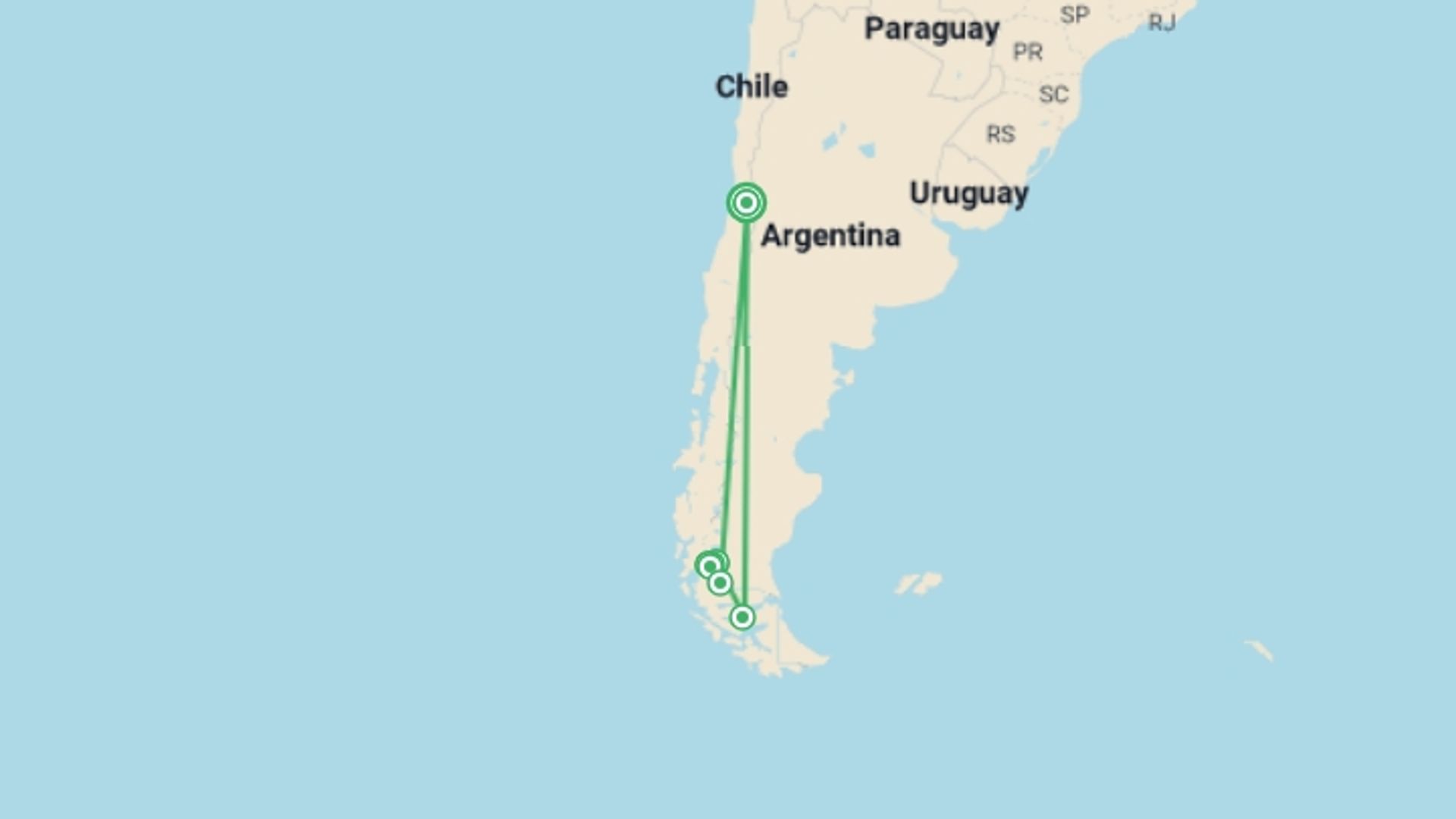 A map showing the tour itinerary for the trip: Epic Patagonia - Torres del Paine - 'W' route, starting in Santiago, Chile and ending in Santiago, Chile going through 6 other destinations.