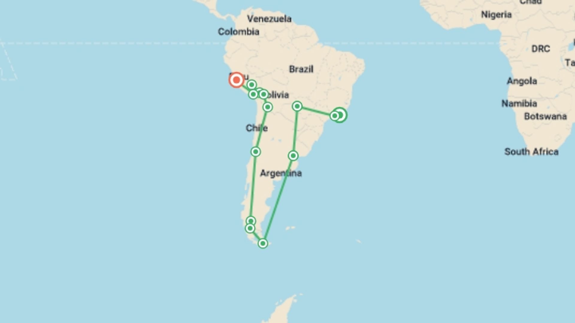 A map showing the tour itinerary for the trip: RIO to LIMA (97 days) Kingdoms & Carnivals, starting in Rio de Janeiro, Brazil and ending in Lima, Peru going through 13 other destinations.
