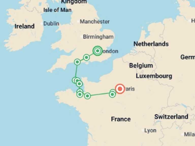 Map itinerary of London Tour in July 2026 with 7 destination visits for the trip: London to Paris via the Channel Islands