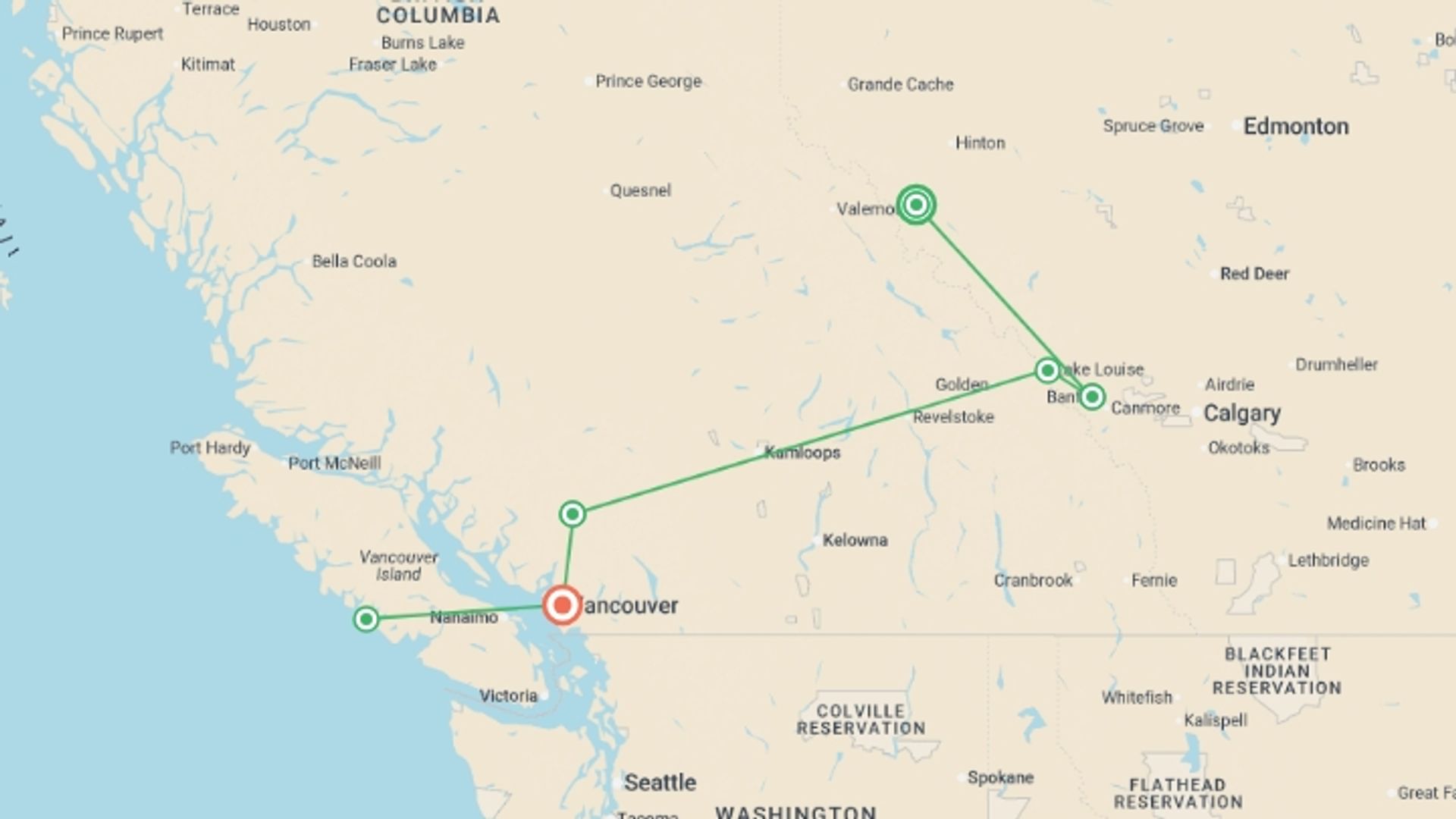 A map showing the tour itinerary for the trip: Western Canada: See & Experience it all in 10 days , starting in Jasper, Canada and ending in Vancouver, Canada going through 4 other destinations.