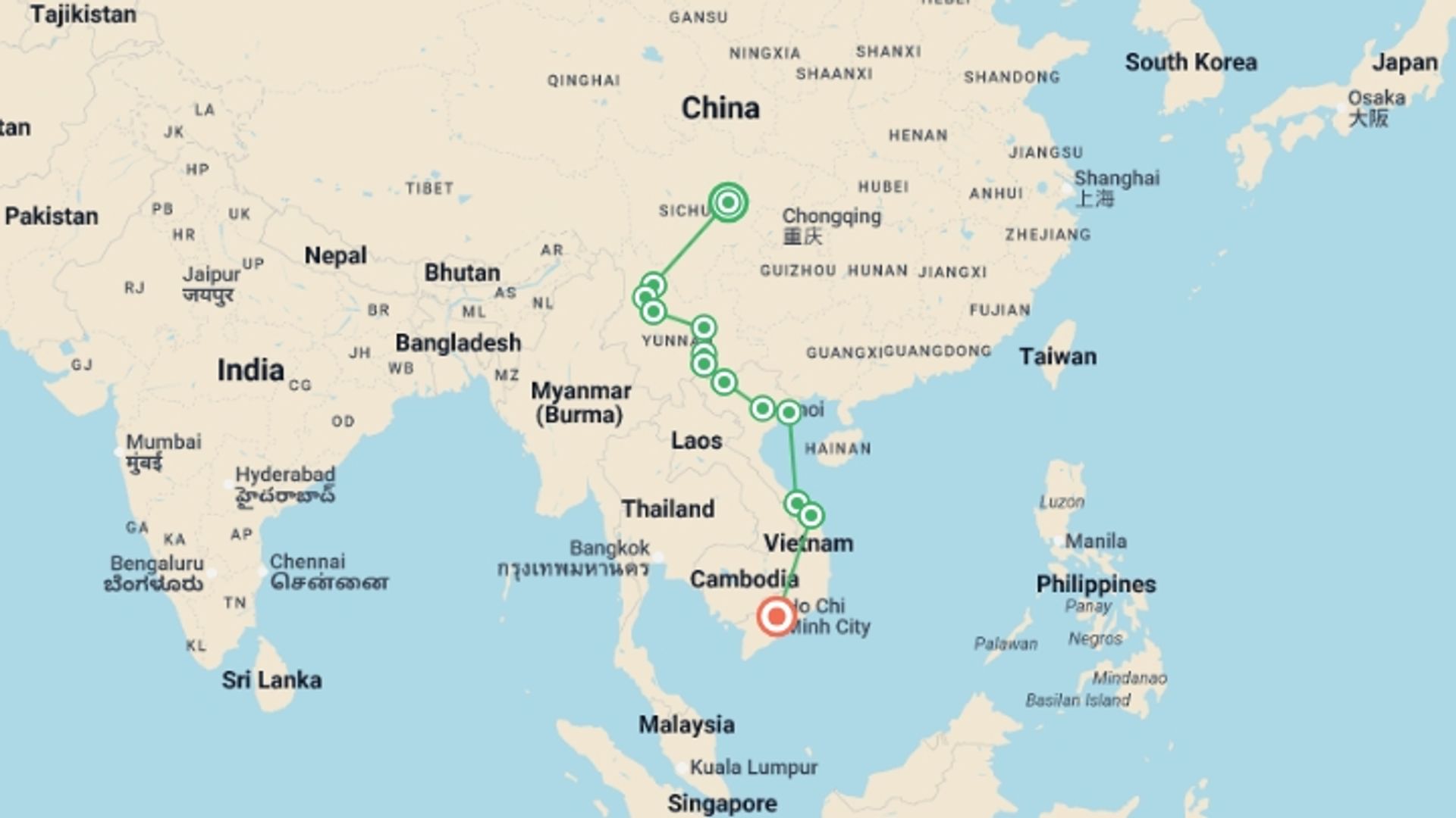A map showing the tour itinerary for the trip: China & Vietnam: Chengdu to Ho Chi Minh, starting in Chengdu, China and ending in Ho Chi Minh City, Vietnam going through 11 other destinations.