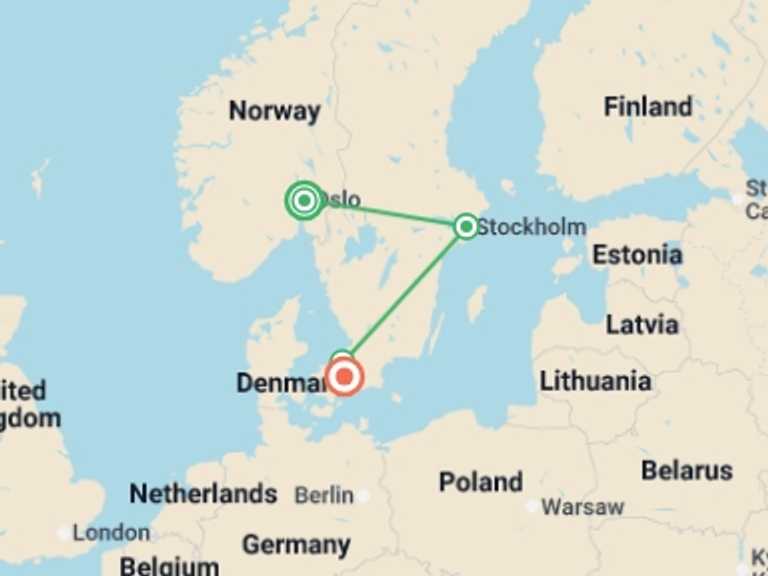 Map of Scandinavia Explorer Tour with 3 destination visits for the trip: Solo Lite Stunning Scandinavian Capitals