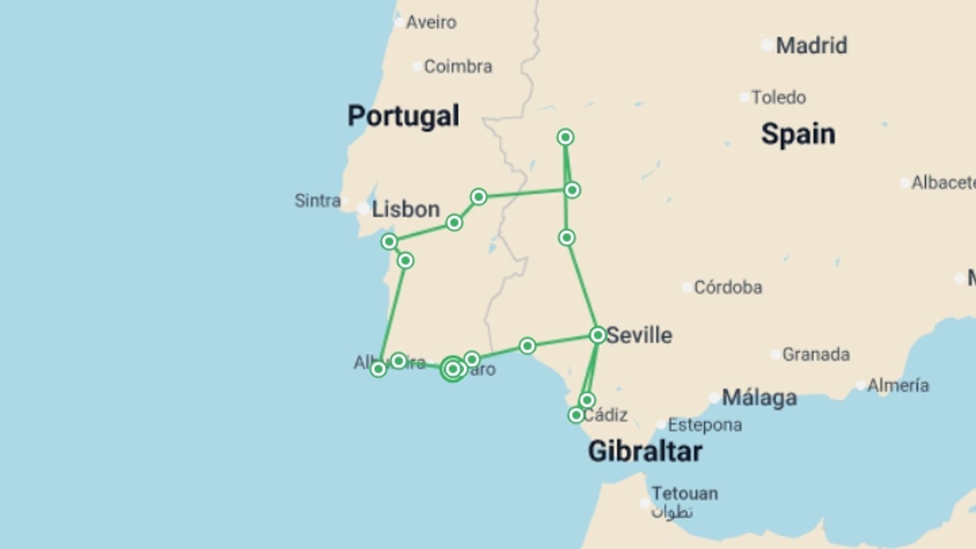 A map showing the tour itinerary for the trip: Discover The Magical Algarve, Alentejo & Andalucia, Self-drive (multi Country), starting in Faro, Portugal and ending in Faro, Portugal going through 6 other destinations.