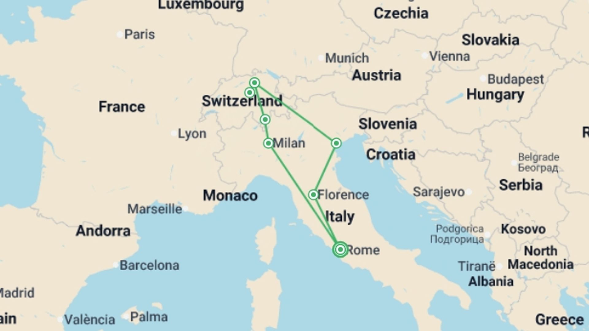 A map showing the tour itinerary for the trip: Solo Lite Stunning Italy and Switzerland, starting in Rome, Italy and ending in Rome, Italy going through 5 other destinations.