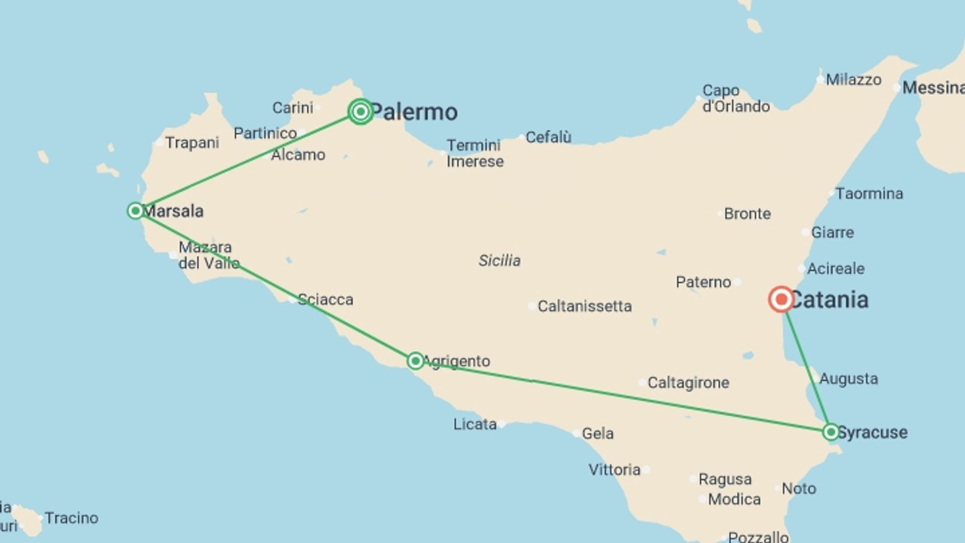 A map showing the tour itinerary for the trip: Premium Sicily, starting in Palermo, Italy and ending in Catania, Italy going through 3 other destinations.