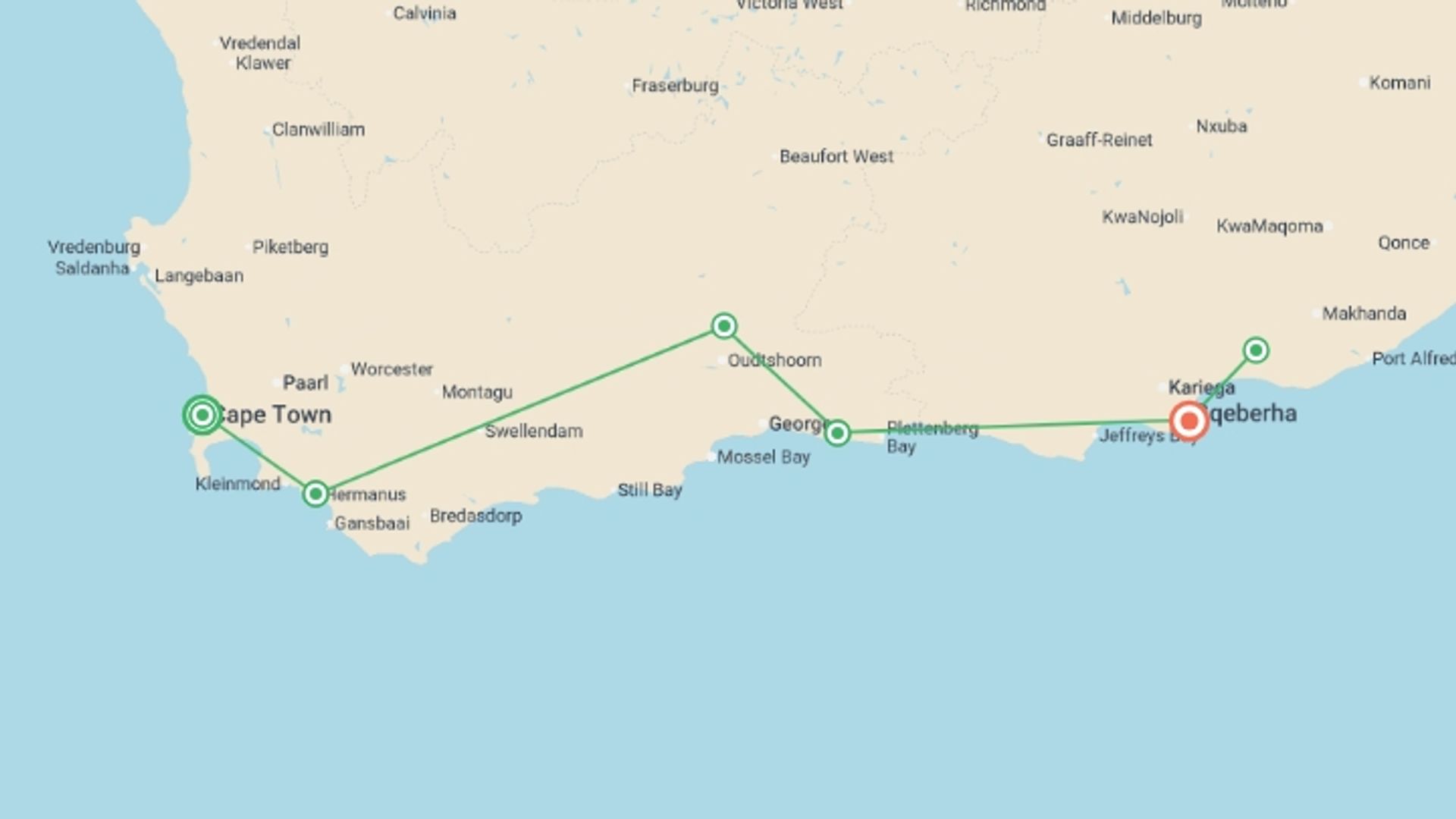A map showing the tour itinerary for the trip: Discover South Africa's Garden Route, starting in Cape Town, South Africa and ending in Gqeberha, South Africa going through 5 other destinations.