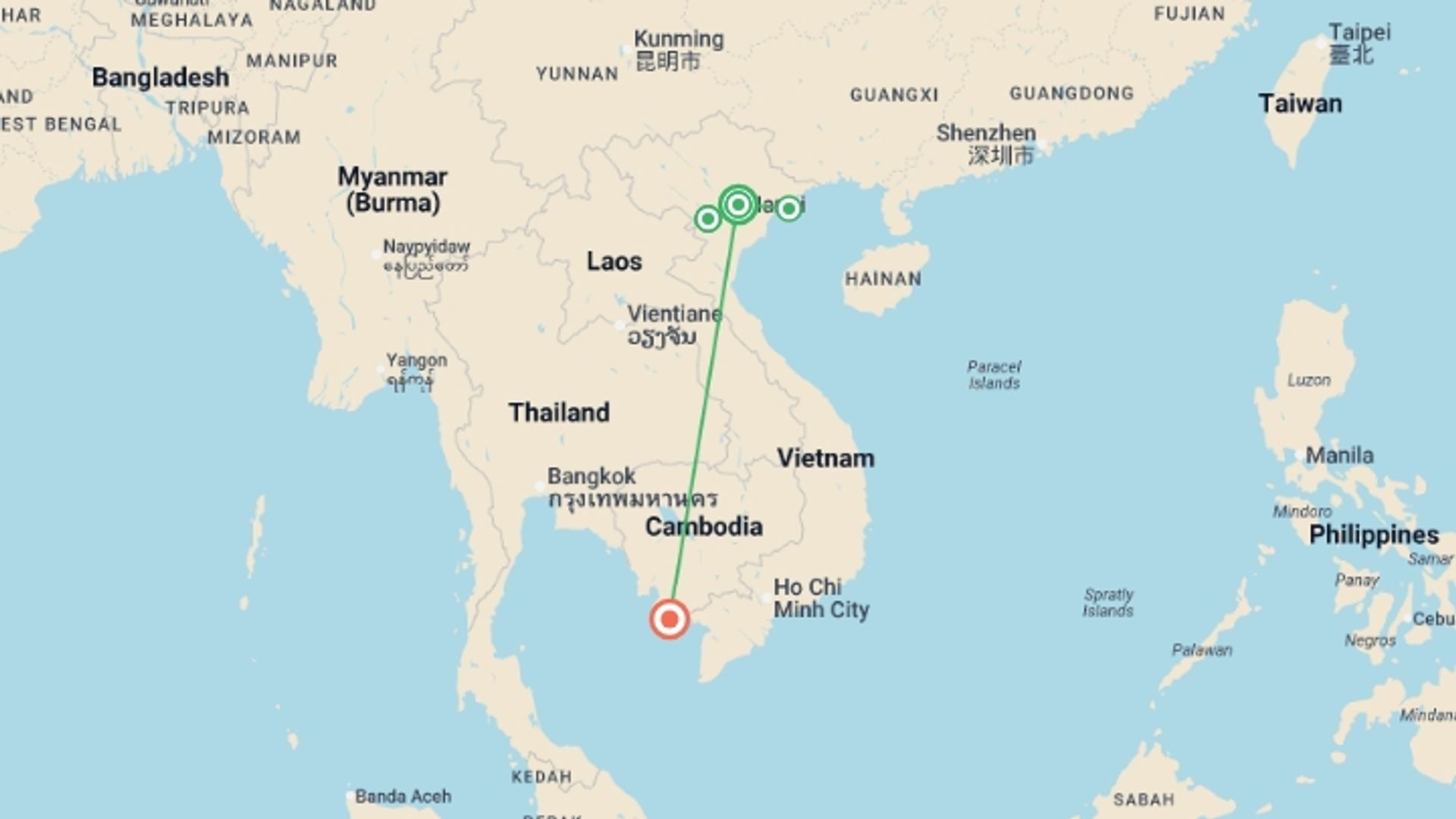 A map showing the tour itinerary for the trip: Exquisite Vietnam Luxury Tour - 13 days, starting in Hanoi, Vietnam and ending in Phu Quoc, Vietnam going through 2 other destinations.