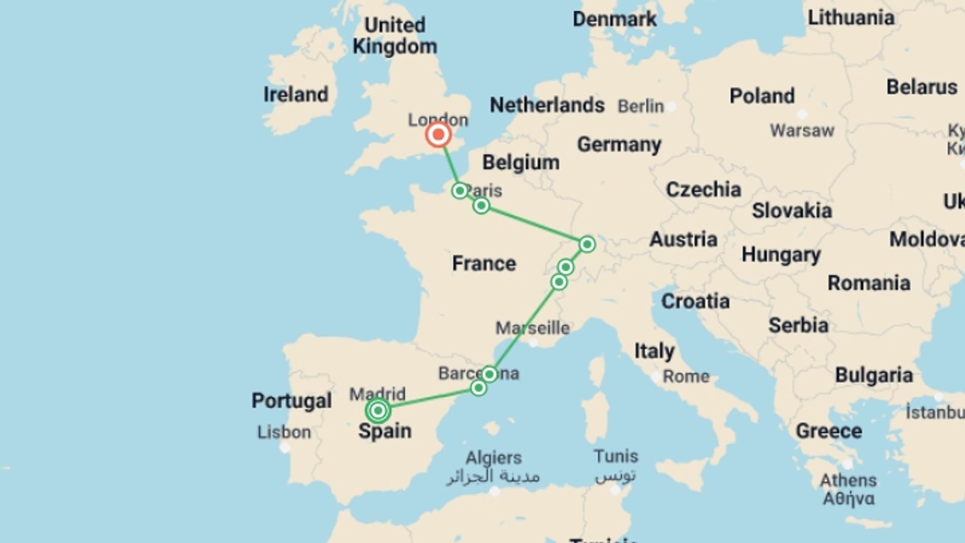 A map showing the tour itinerary for the trip: Sensational Spain, Switzerland, Paris and London, starting in Madrid, Spain and ending in London, England going through 7 other destinations.