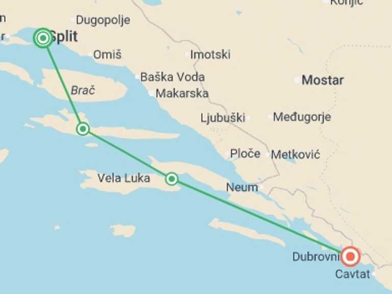 Map of 8-Day Split Tour with 4 destination visits for the trip: Split, Hvar, Korcula & Dubrovnik - 8 days
