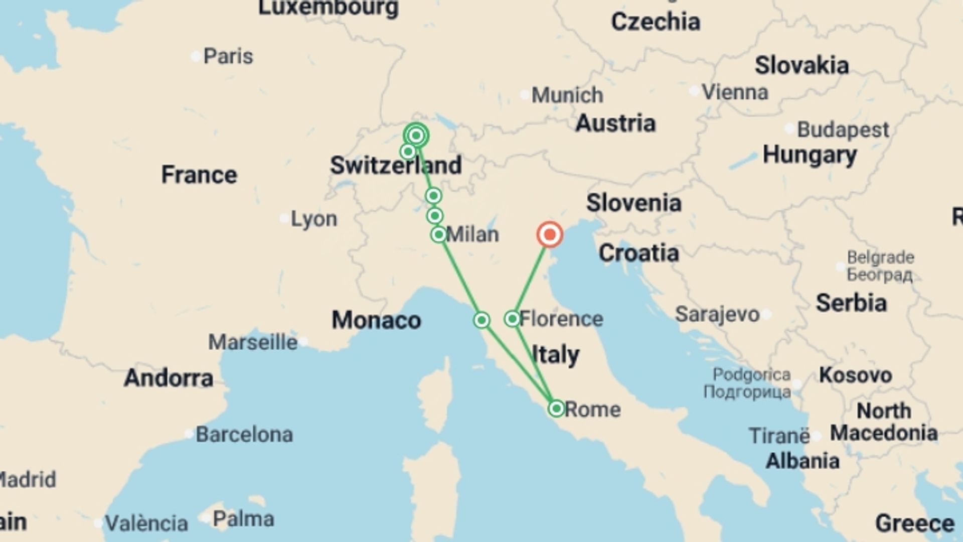 A map showing the tour itinerary for the trip: Swiss and Italian Spotlight End Venice, starting in Zurich, Switzerland and ending in Venice, Italy going through 3 other destinations.