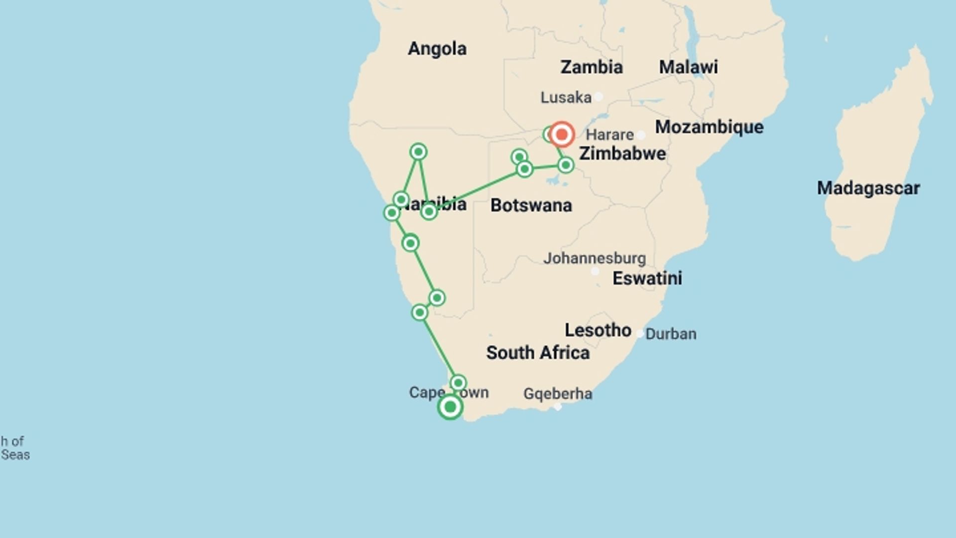A map showing the tour itinerary for the trip: 19-day Cape Town to Victoria Falls Accommodated, starting in Cape Town, South Africa and ending in Livingstone, Zambia going through 14 other destinations.