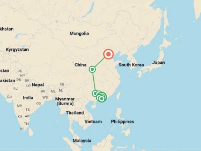 Map of 15-Day China Tour with 8 destination visits for the trip: China by Bike