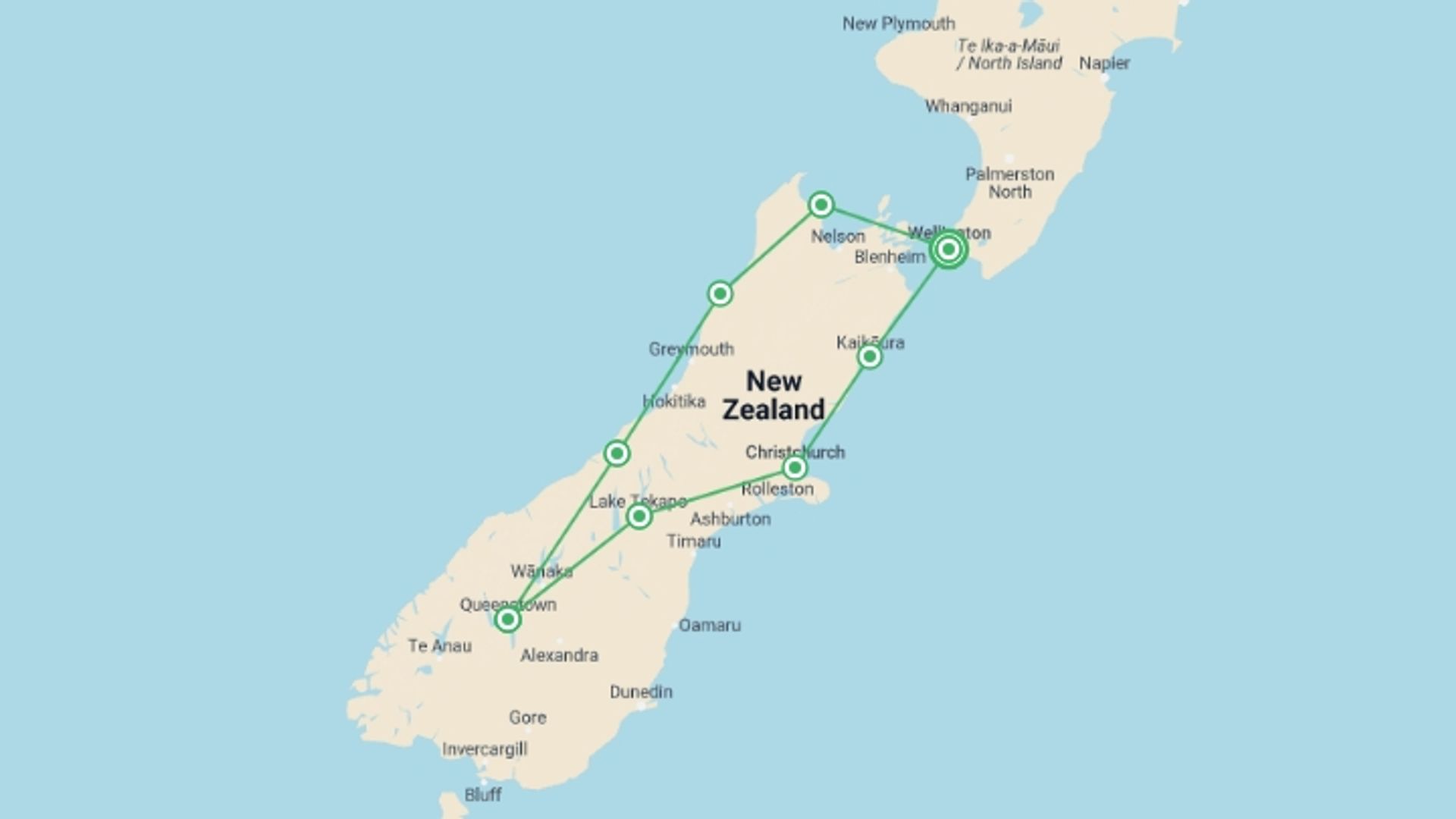 A map showing the tour itinerary for the trip: New Zealand: South Island Encompassed, starting in Wellington, New Zealand and ending in Wellington, New Zealand going through 7 other destinations.