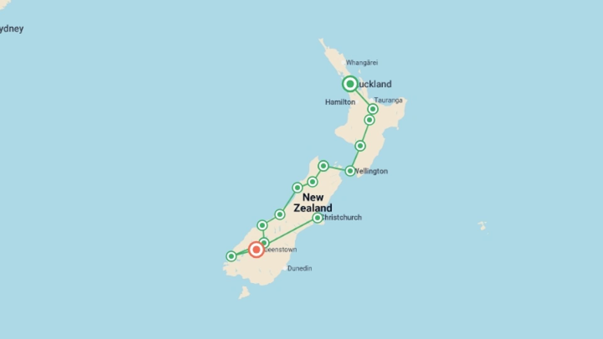 A map showing the tour itinerary for the trip: Real New Zealand, starting in Auckland, New Zealand and ending in Queenstown, New Zealand going through 8 other destinations.